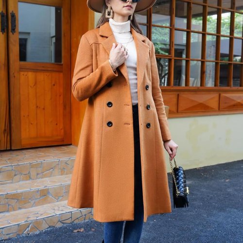 Elegant Autumn Glow: Women’s Tailored Long Wool Coat